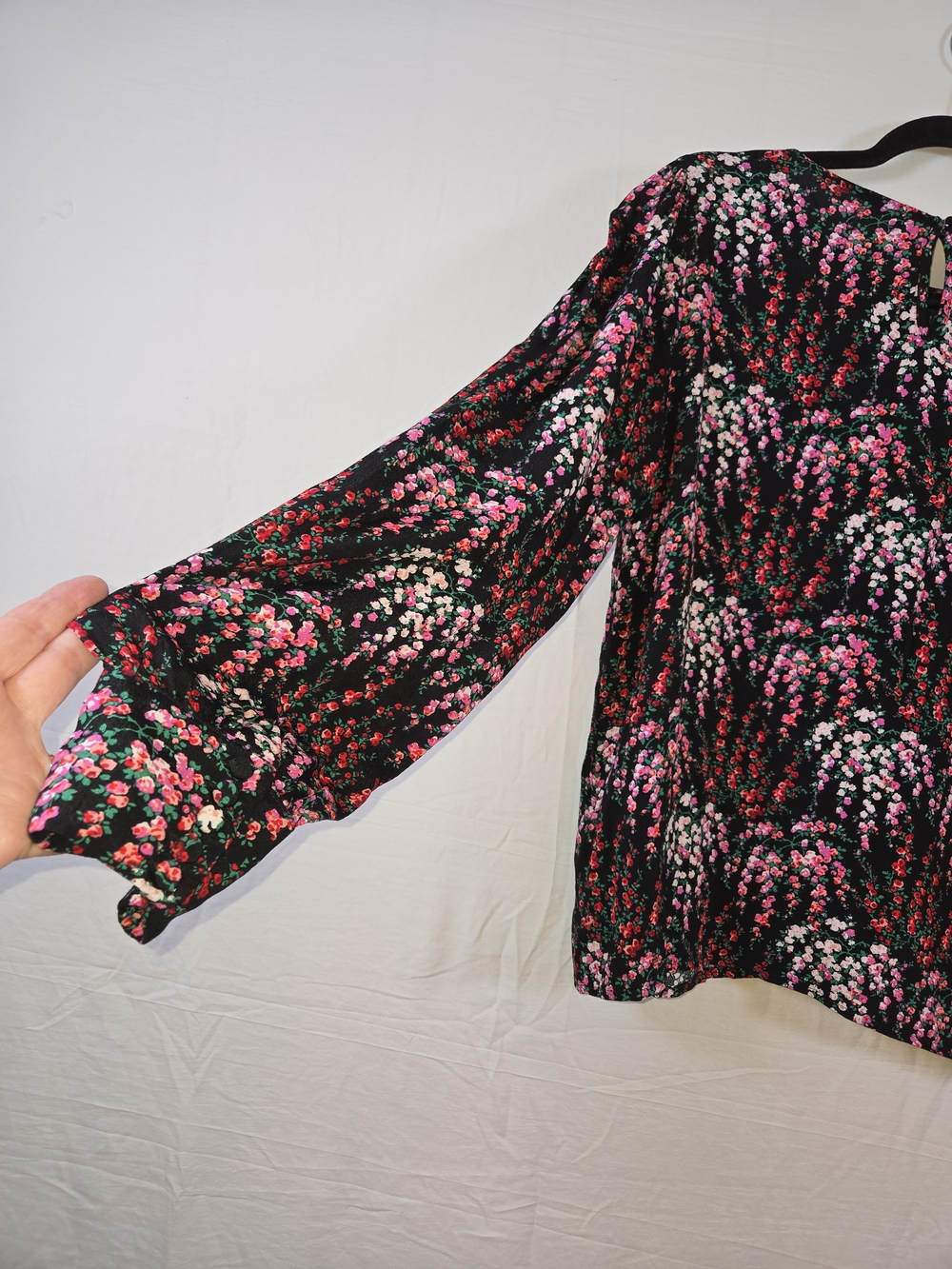 J. Crew Black Floral Long-Sleeve Blouse with Pink and Red Blooms - Picture 8 of 11